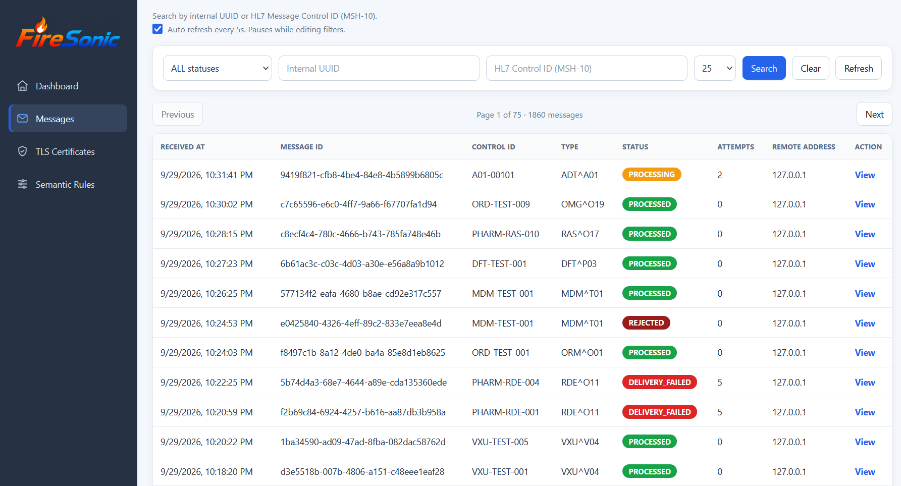 FireSonic Console messages list
