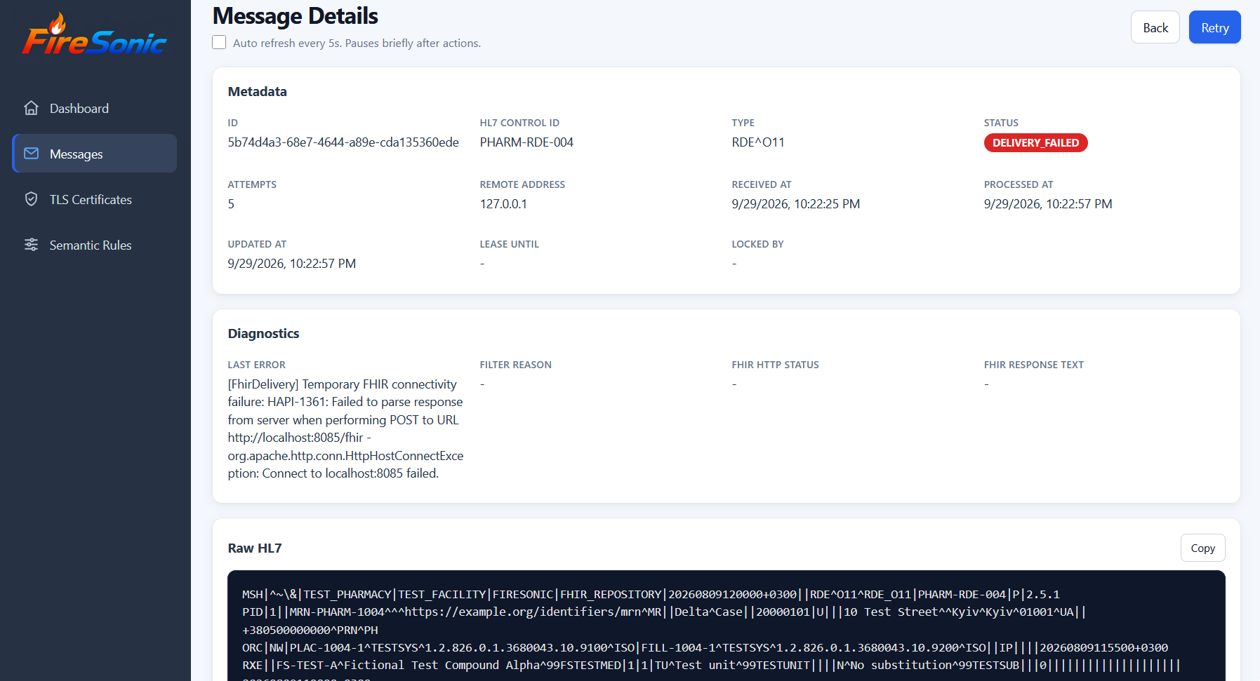 FireSonic message details showing diagnostics and raw HL7