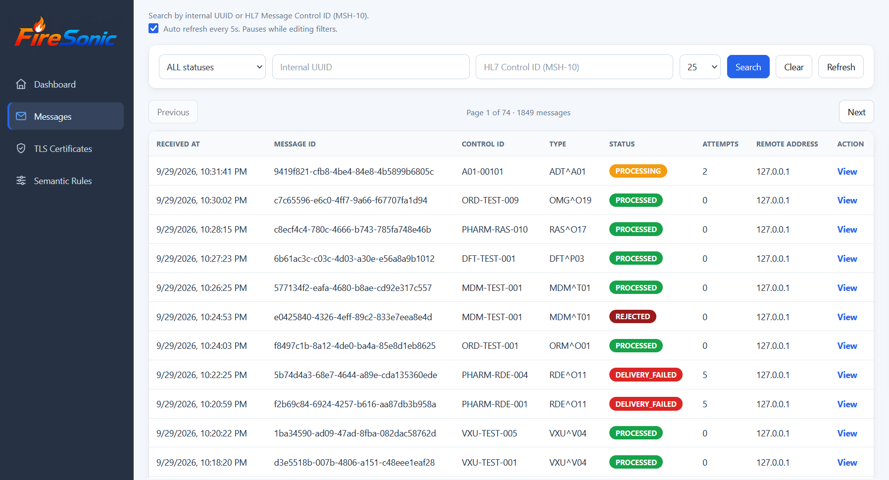 FireSonic Administration Console message browser