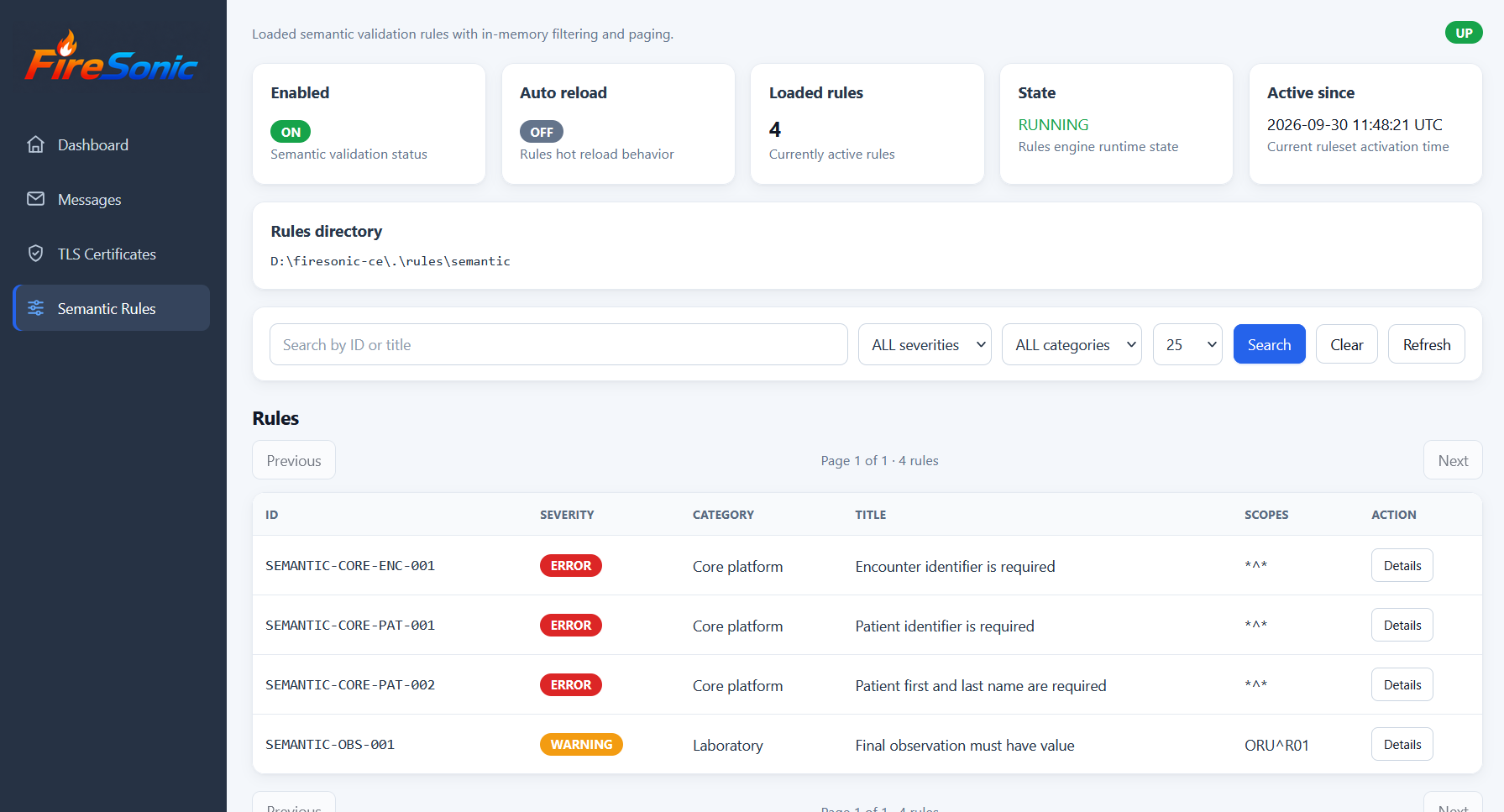 FireSonic Semantic Rules administration view